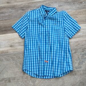 Mens Vineyard vines short sleeve button-up shirt - pink and blue plaid - large